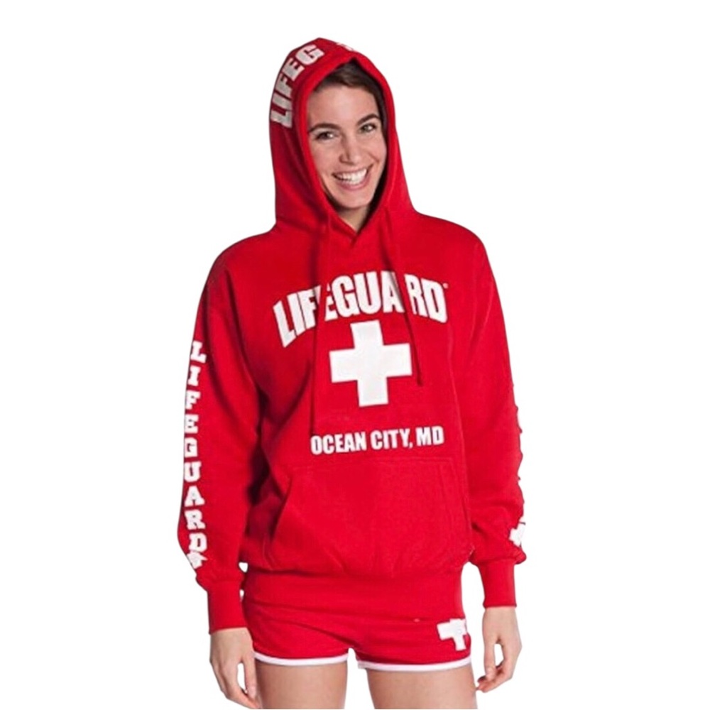 Vintage Lifeguard Ocean City, MD Hoodie Red Pullover Sweater Unisex XL